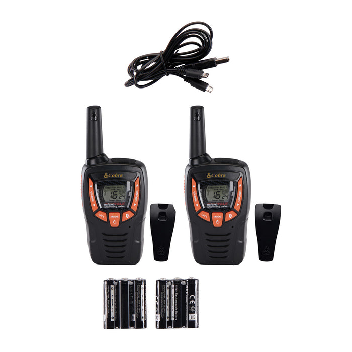Items included in the AM655 product listed from top to bottom: Cable, two AM655 radios, and two battery packs.