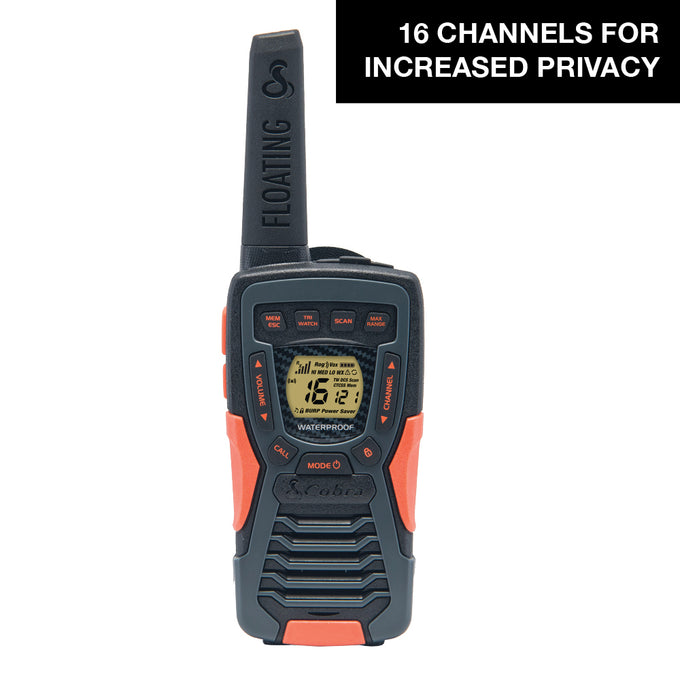 Front side of the Cobra AM1055 FLT radio with text that reads "16 Channels for Increased Privacy."