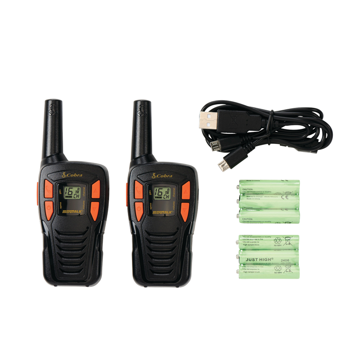Items included in the AM255 product from left to right: Two AM255 radios, cable cord and two battery packs.