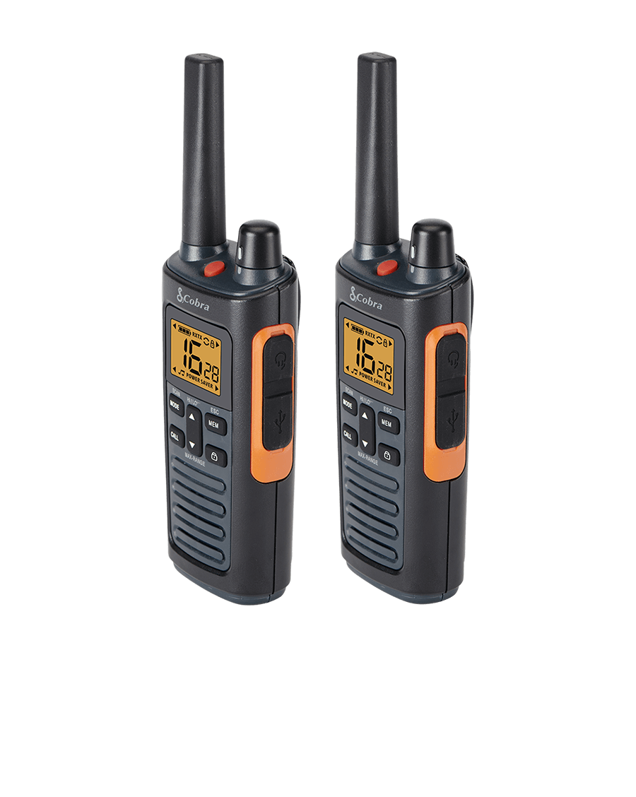 Two angled RX380 walkie talkies side by side.