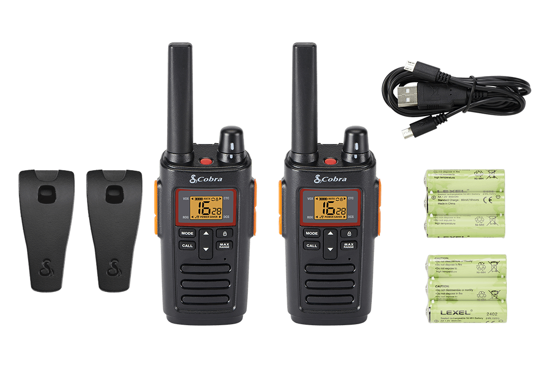 Two RX380 walkie-talkies with accessories including batteries and a USB cable on a black background.