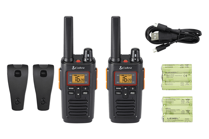 Two RX380 walkie-talkies with accessories including batteries and a USB cable on a black background.