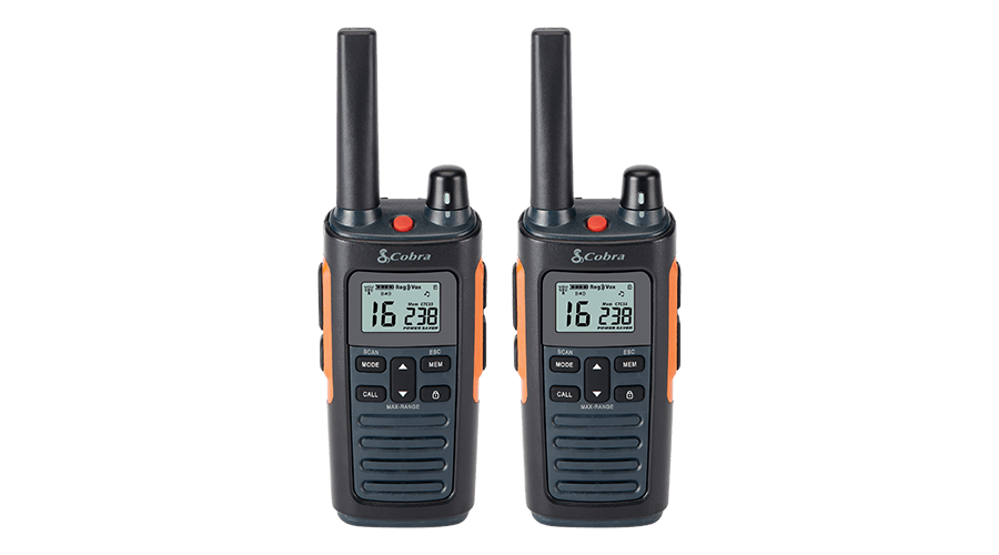 Front view of two RX series walkie talkies side by side.