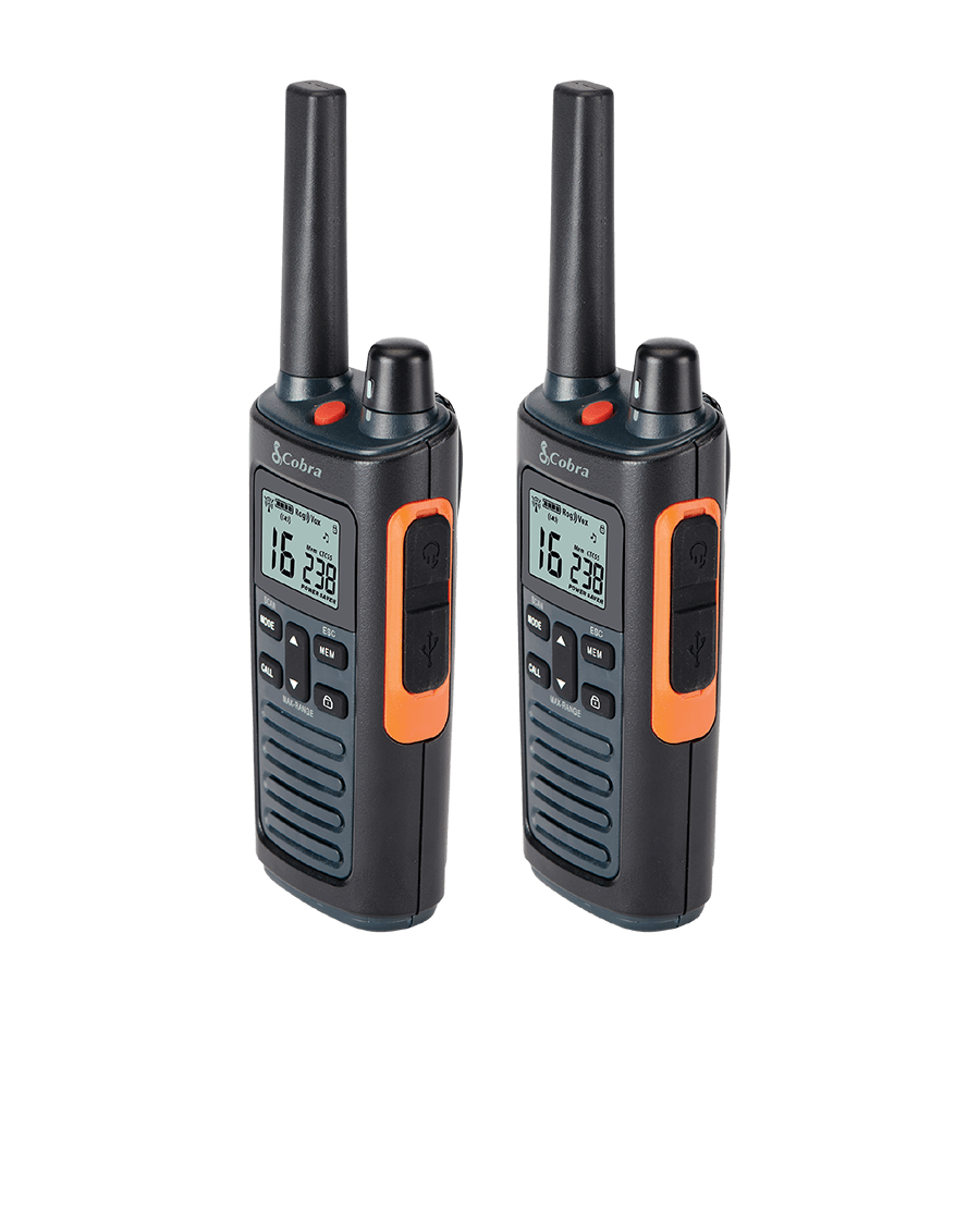 Side view of two RX series walkie talkies with digital display.