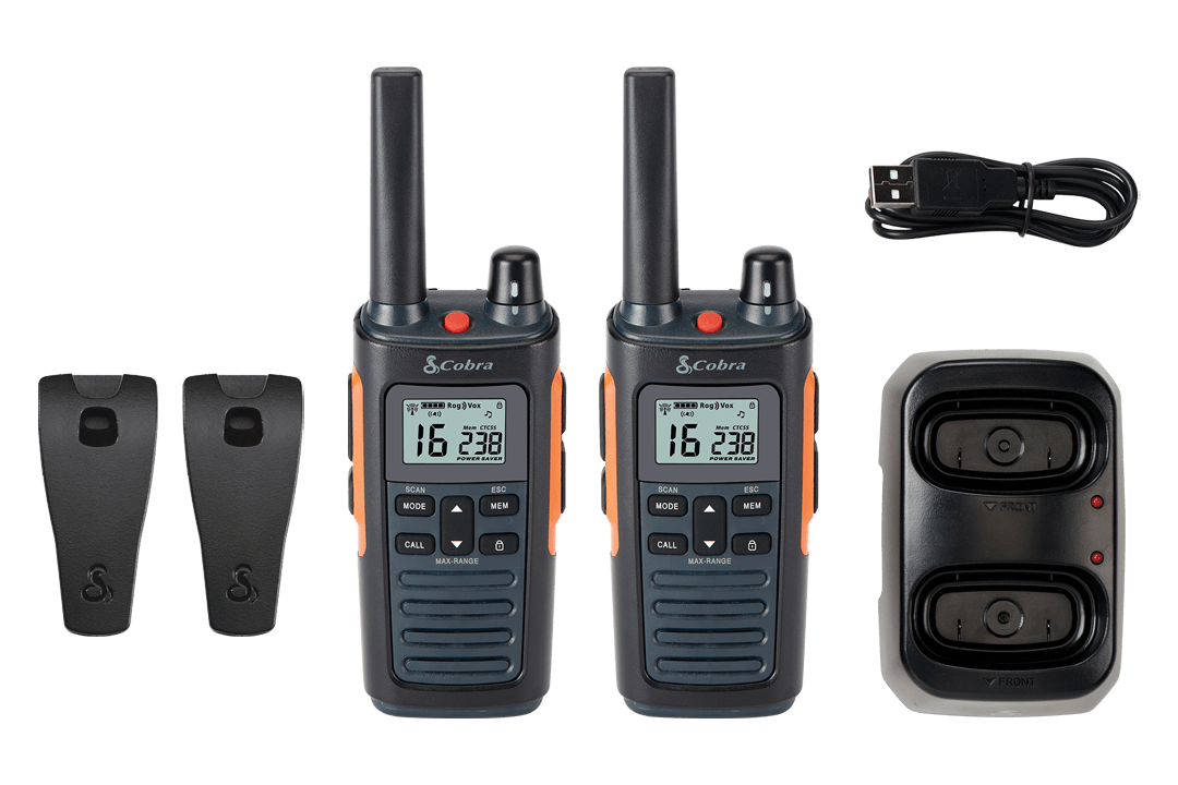 Two RX series walkie-talkies with accessories.