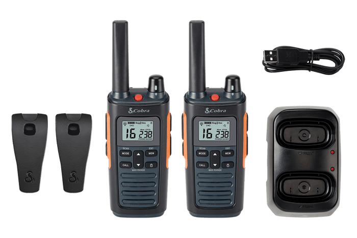 Two RX series walkie-talkies with accessories.