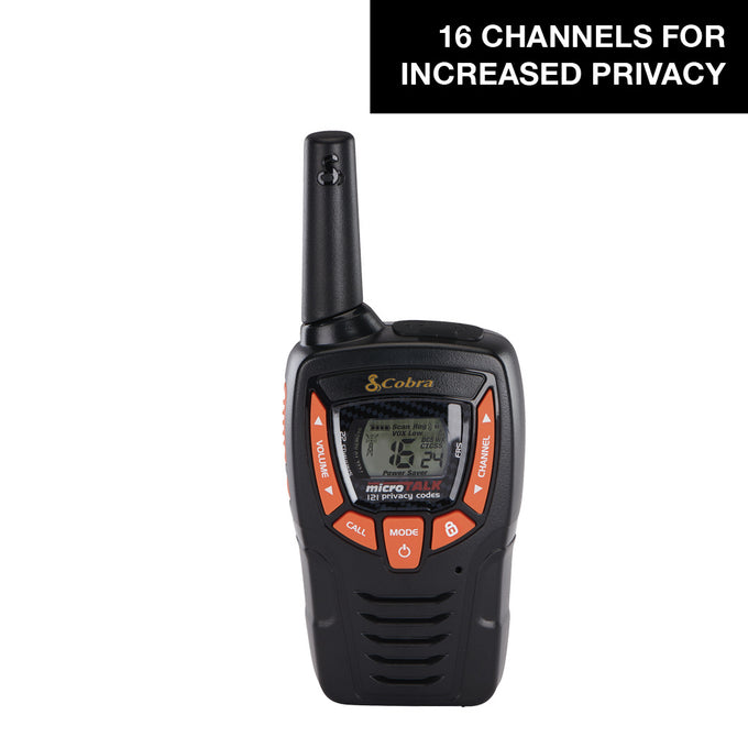 A black Cobra AM655 two-way radio with orange buttons and a digital with text that reads display "16 Channels for Increased Privacy."