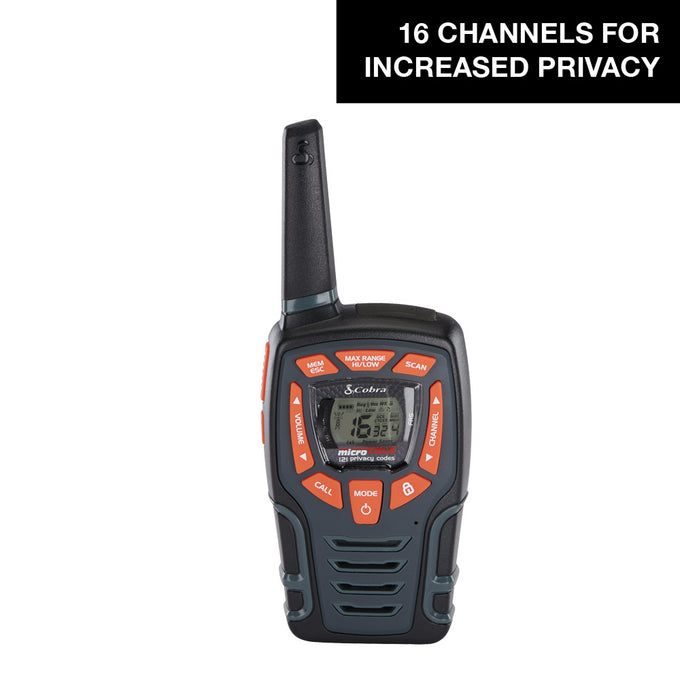 A black Cobra AM855 two-way radio with orange buttons and a text overlay that reads '16 CHANNELS FOR INCREASED PRIVACY'.