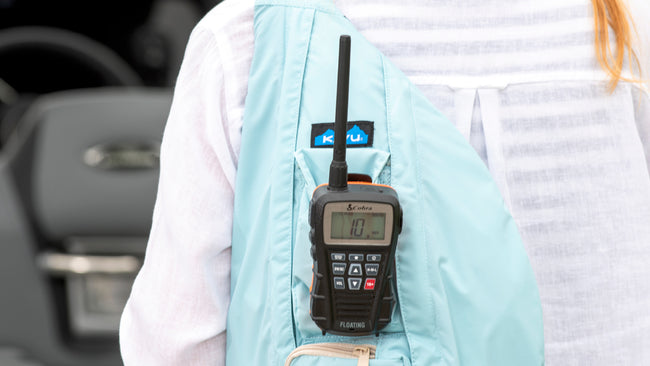 Cobra Blue Bound 350 clipped to the back of a light blue backpack