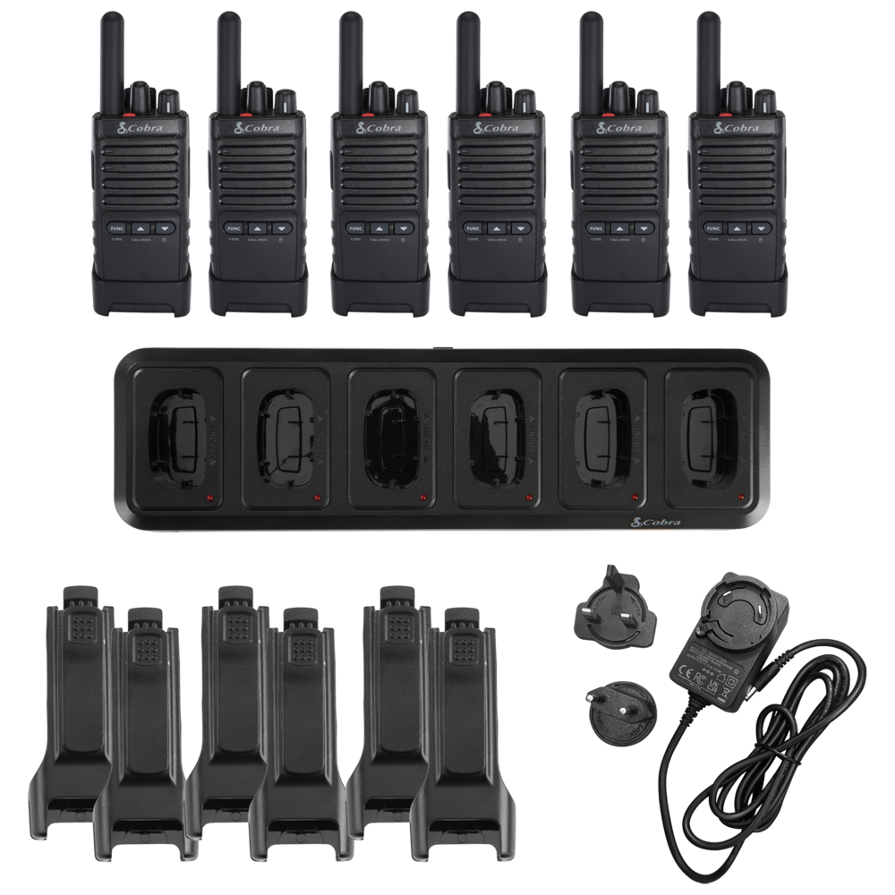 Set of eight black PX650 walkie-talkies with charging station and accessories.