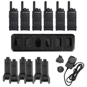Set of eight black PX650 walkie-talkies with charging station and accessories.