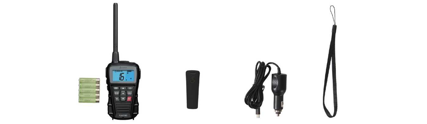 Set of equipment including a Blue Bound 150 marine radio, holster clip, charger, and lanyard