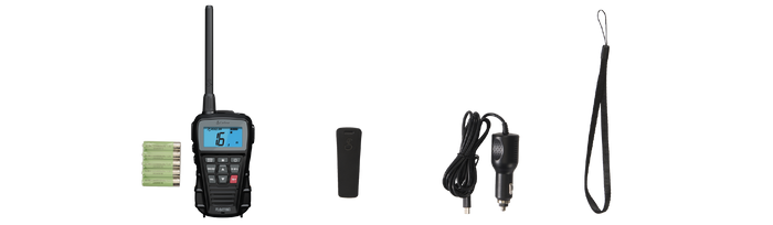 Set of equipment including a Blue Bound 150 marine radio, holster clip, charger, and lanyard