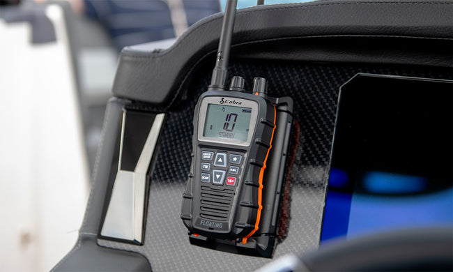 Blue Bound 350 marine radio mounted on a boat's dashboard