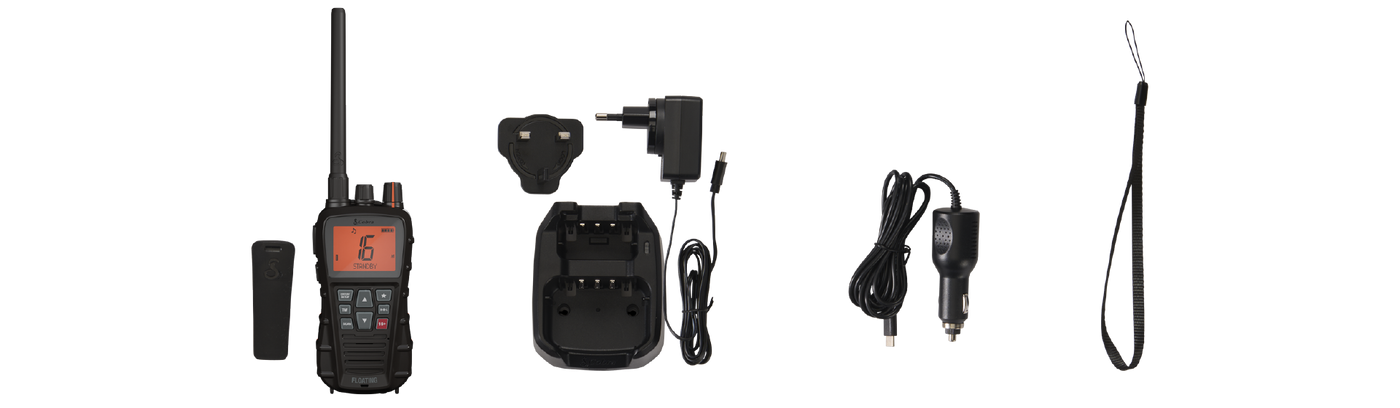 Set of marine radio accessories including a charger, car adapter, and lanyard.