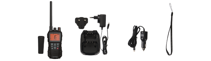 Set of marine radio accessories including a charger, car adapter, and lanyard.